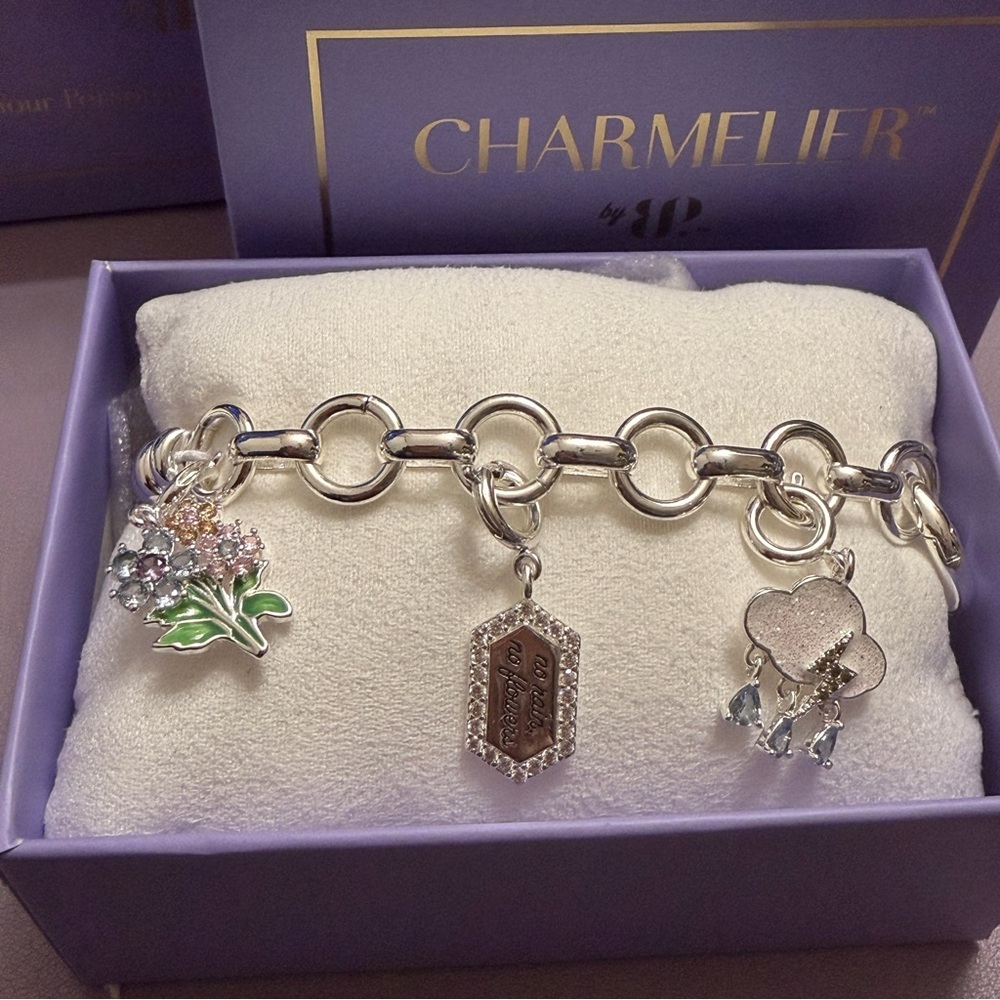 BP ‘No Rain, No Flowers’ Silver Floral Charmelier Bracelet